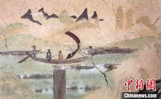 “一人搖櫓晃扁舟，兩人撐篙水上漂?！眻D為莫高窟第323窟《搖櫓帆船》（初唐）?！《鼗脱芯吭汗﹫D