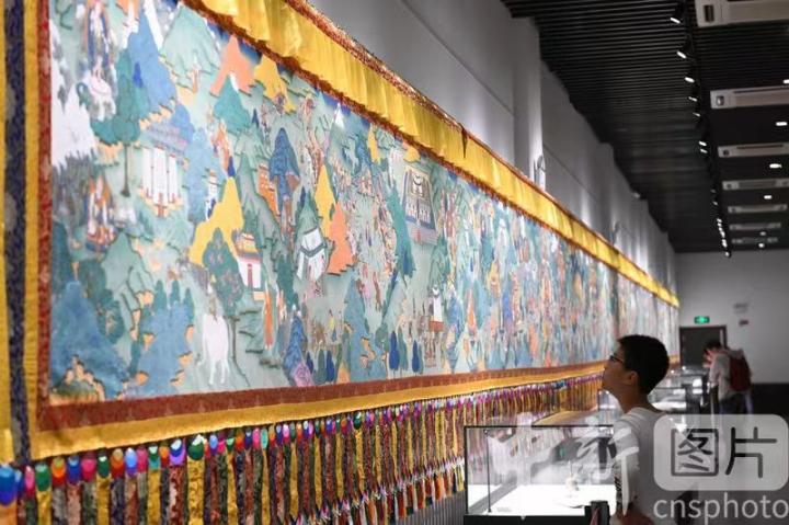 圖為一名小朋友觀看唐卡《涼州會盟》。 中新社記者 戴文昌 攝