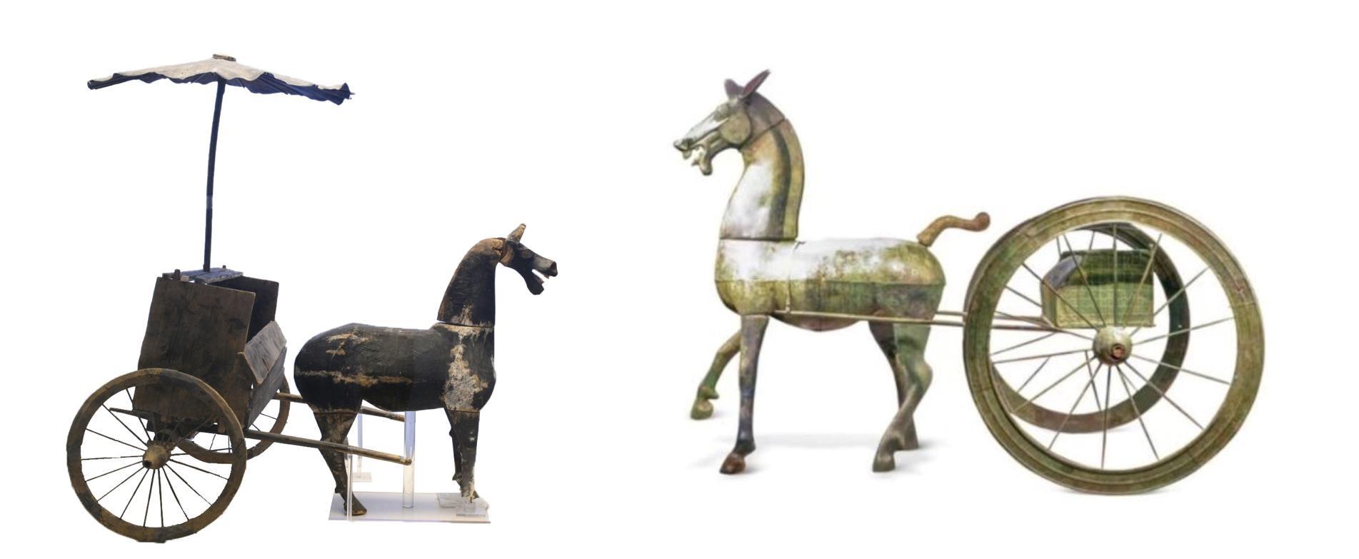 △左為漢代木軺車，藏于青海省博物館；右為東漢銅車馬，藏于黔西南州博物館。