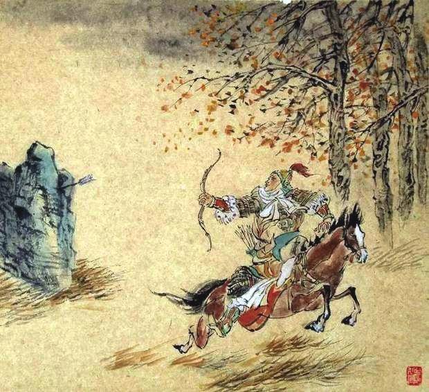 “林暗草驚風(fēng)，將軍夜引弓。”畫作